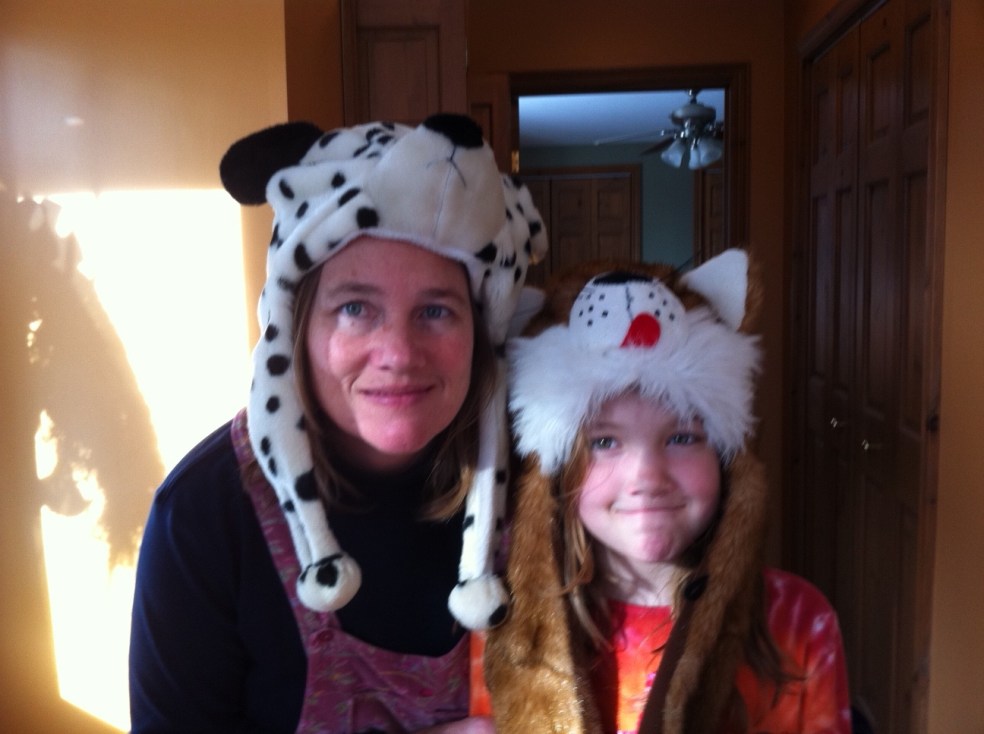 mother and daughter in animal hats