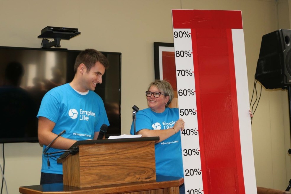 Empire Life co-chairs Ian Alexander and Karen Swain reveal the thermometer surpassing our goal