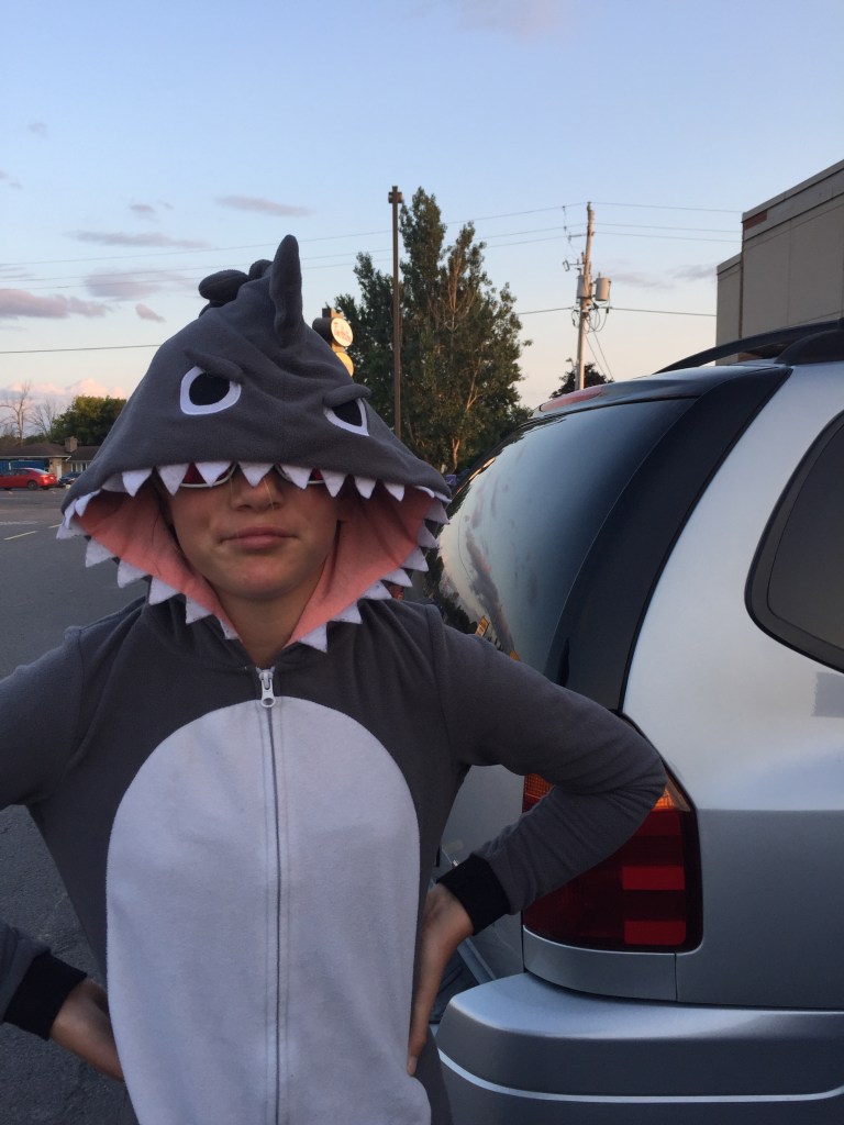 Child in shark costume with sunglasses on