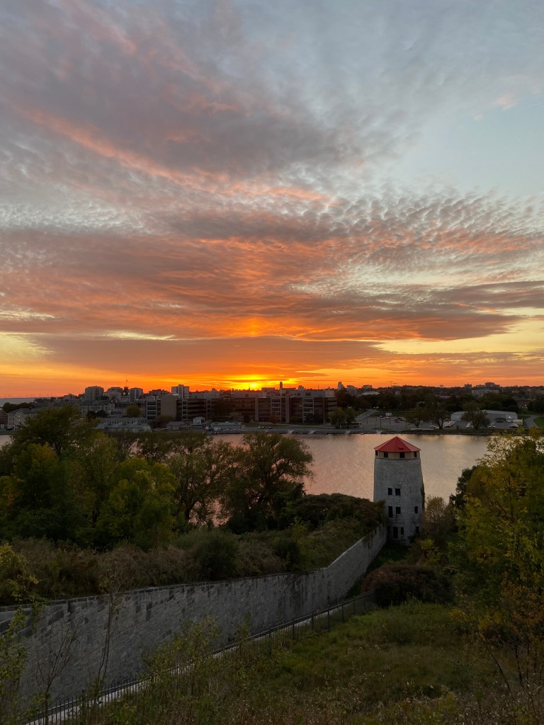 Martello tower and downtown Kingston at sunset