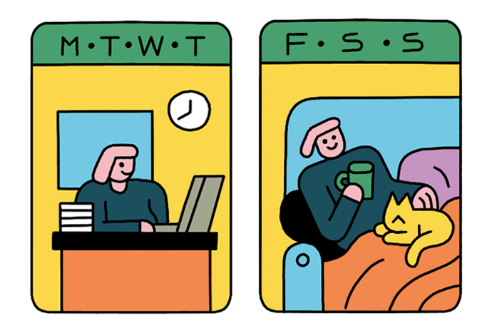 comic showing person relaxing Friday, Saturday, Sunday