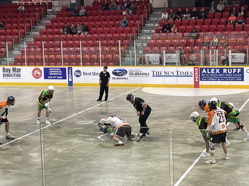 Faceoff in a lacrosse game