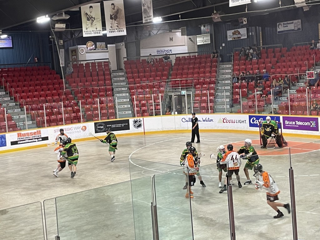 Action by the net in a lacrosse game