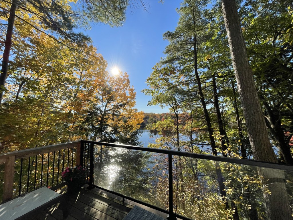 Sun shimmering on a lake as seen from a deck