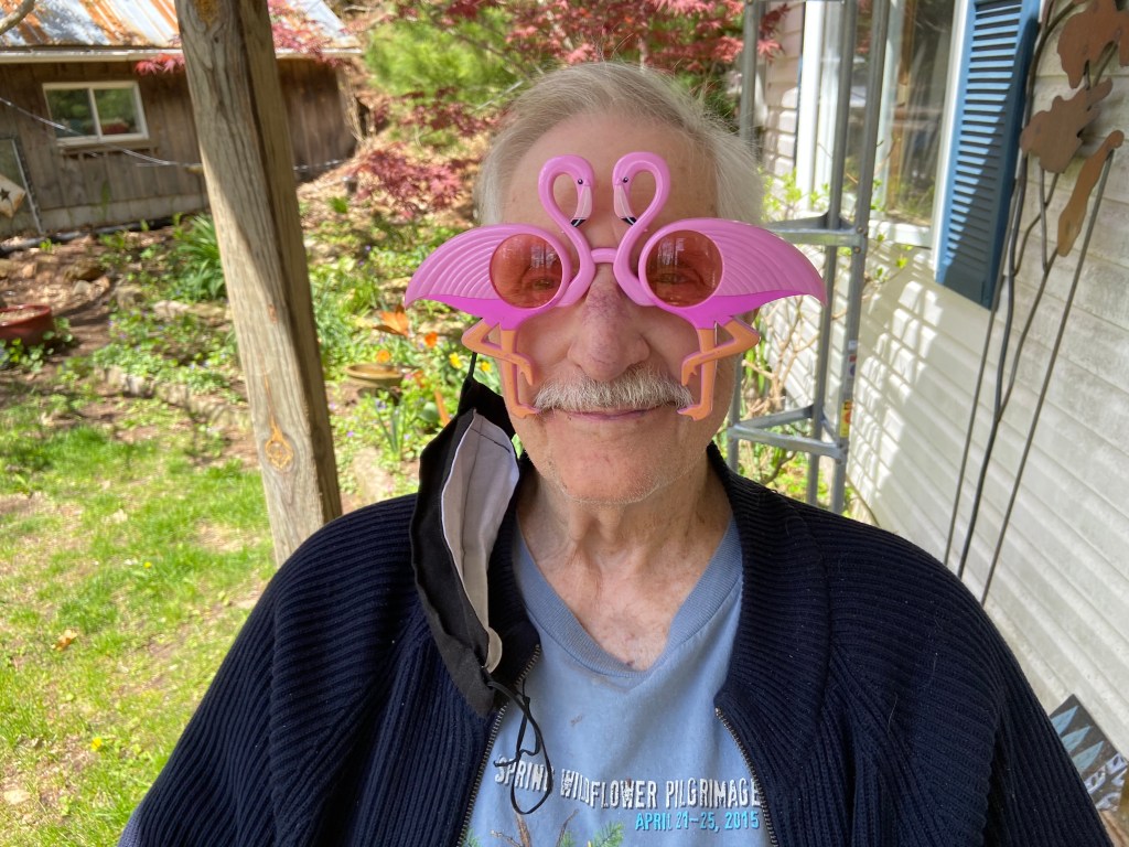 man wearing pink flamingo glasses