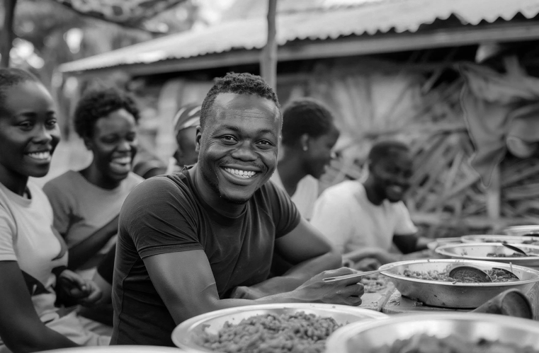 man sharing a meal in Africa with others