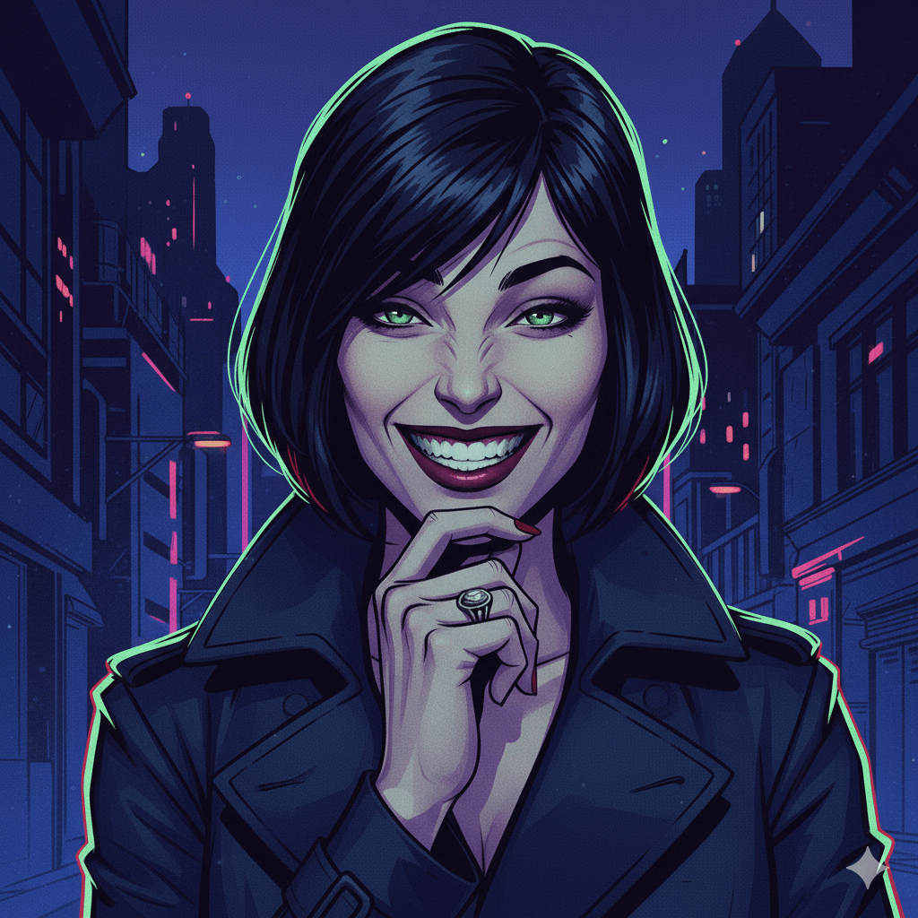 Illustration of a woman grinning and looking devious