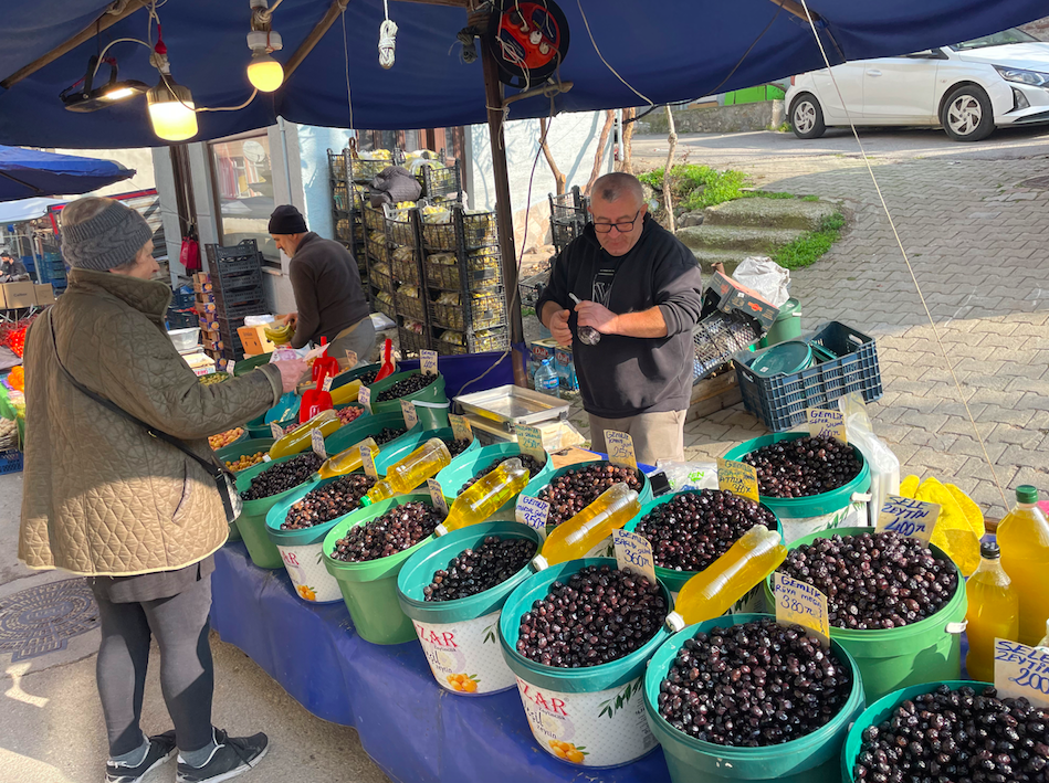 Olives and olive oil in Bursa farmer's market in Turkey