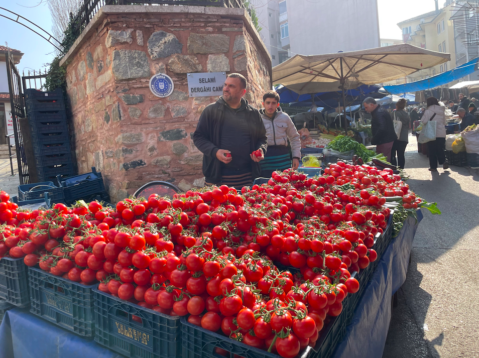 Men selling tomatoes in a market in Bursa, Turkey