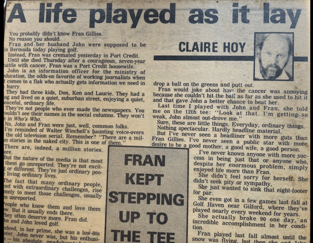 Toronto Sun newspaper article from 1984 on the life of Fran Gillies by Claire Hoy