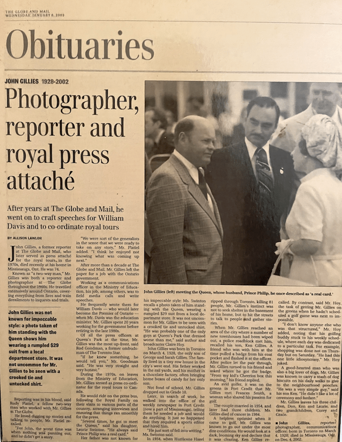 Globe and Mail article on the life of John Gillies with a picture of him meeting the Queen of England