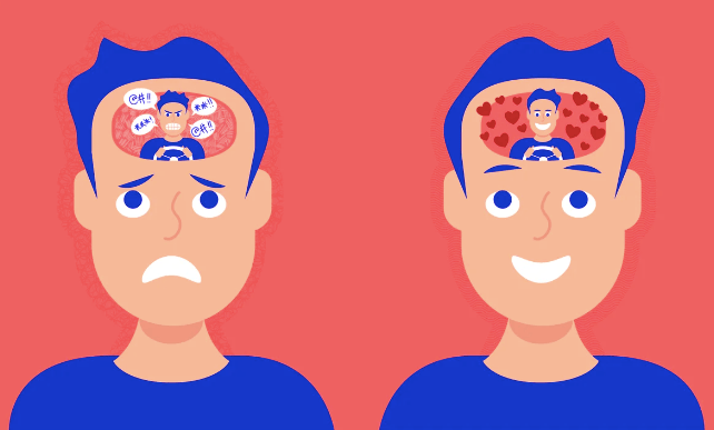 Illustration of two men, one with angry thoughts in his head and one with happy thoughts in his head