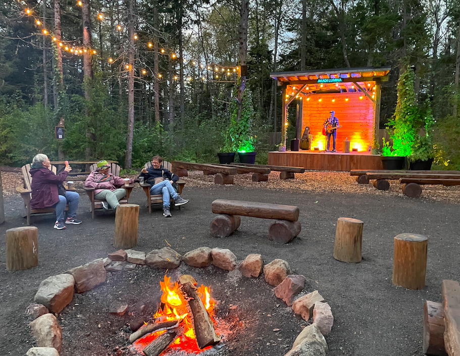 People sitting around a bonfire with a musican on stage